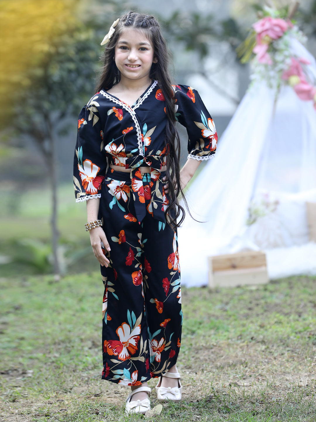 Cutiekins V-Neck Printed Crop Top & Trousers Set -Black & White