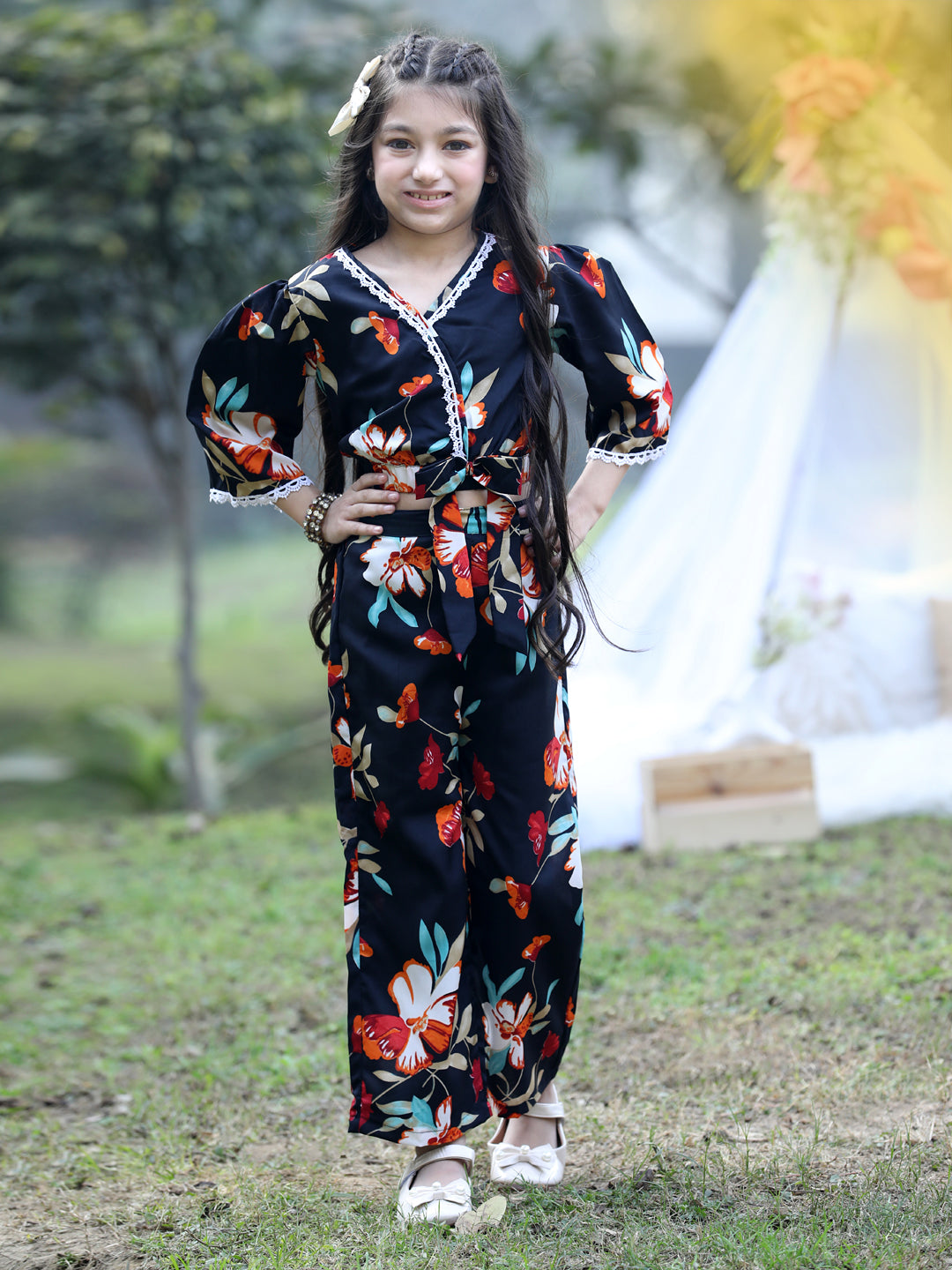 Cutiekins V-Neck Printed Crop Top & Trousers Set -Black & White