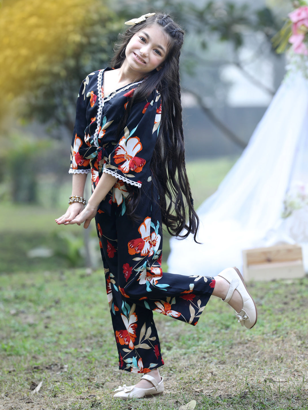 Cutiekins V-Neck Printed Crop Top & Trousers Set -Black & White