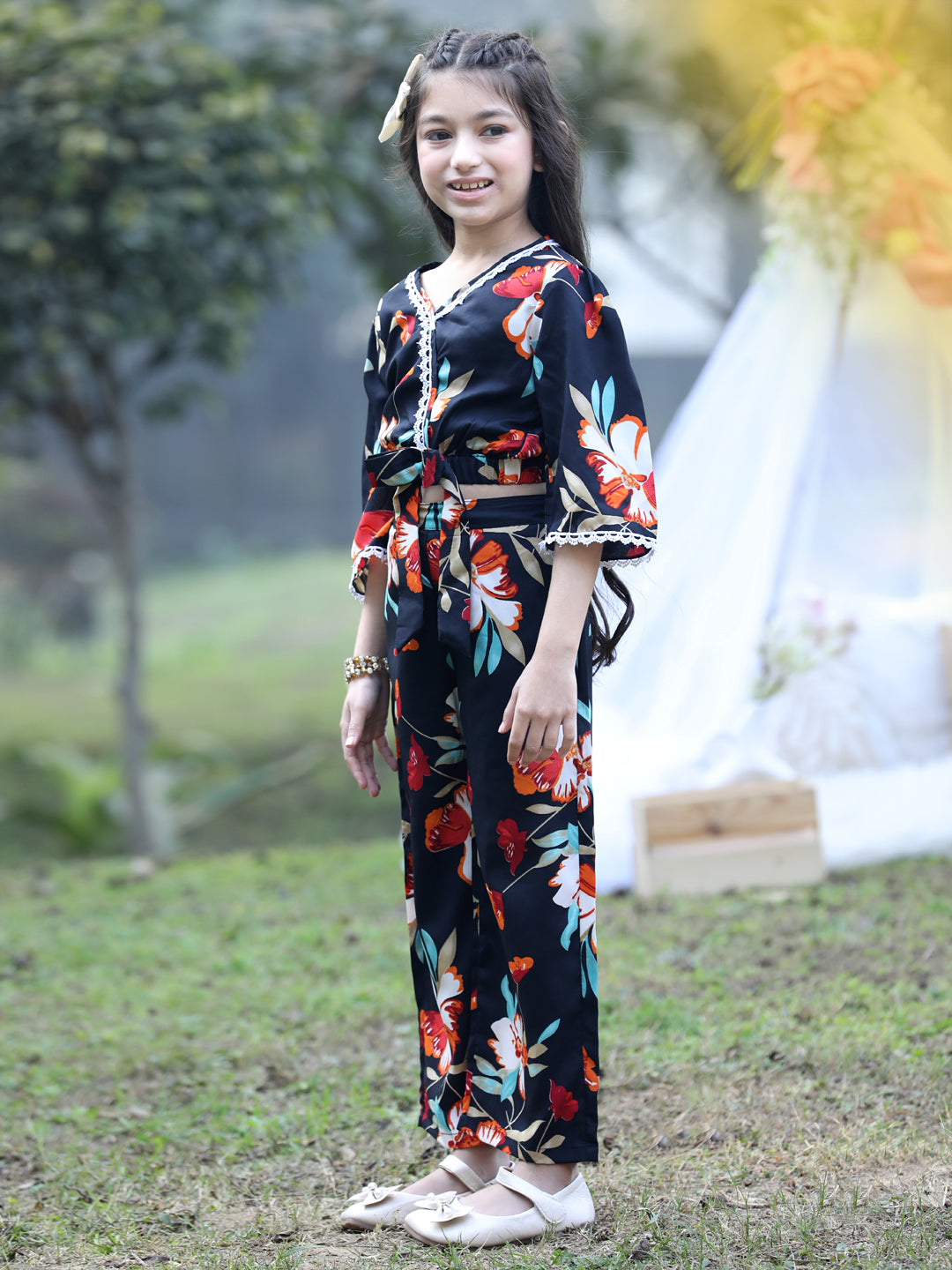 Cutiekins V-Neck Printed Crop Top & Trousers Set -Black & White