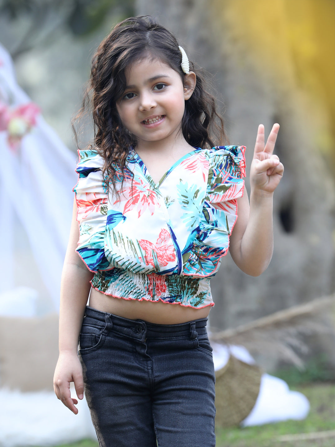 Cutiekins V-Neck Solid Crop Top- White & Blue