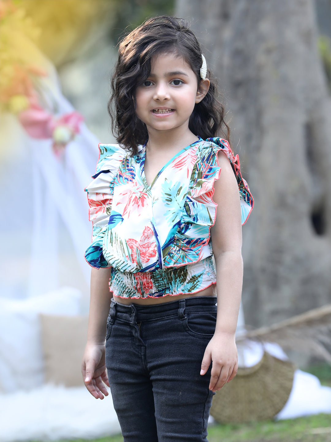 Cutiekins V-Neck Solid Crop Top- White & Blue