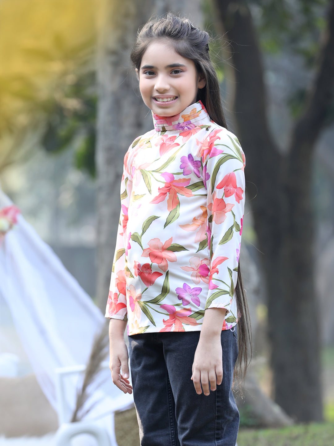 Cutiekins Mandarin Collar Foral Printed Regular Top -Baige & Pink