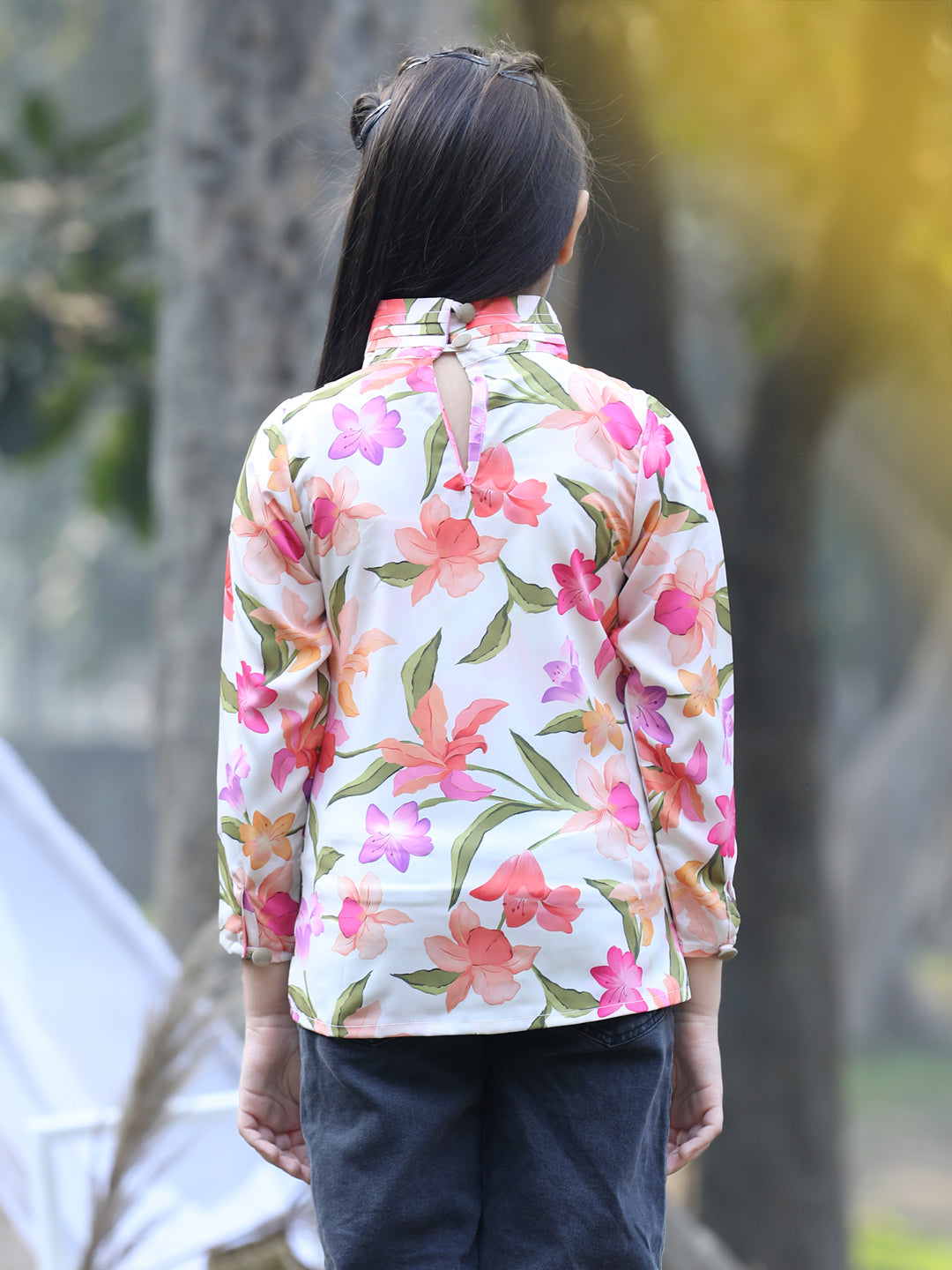Cutiekins Mandarin Collar Foral Printed Regular Top -Baige & Pink