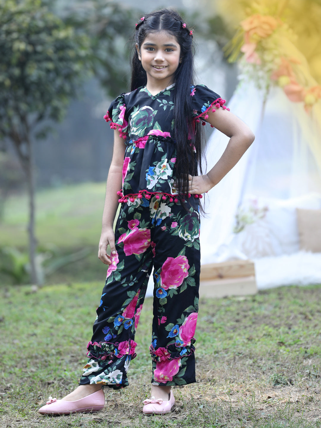 Cutiekins V-Neck Printed Regular Top & Trousers Set -Black & Pink