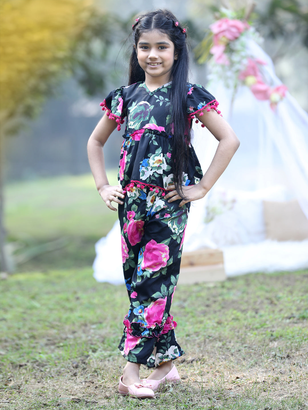 Cutiekins V-Neck Printed Regular Top & Trousers Set -Black & Pink