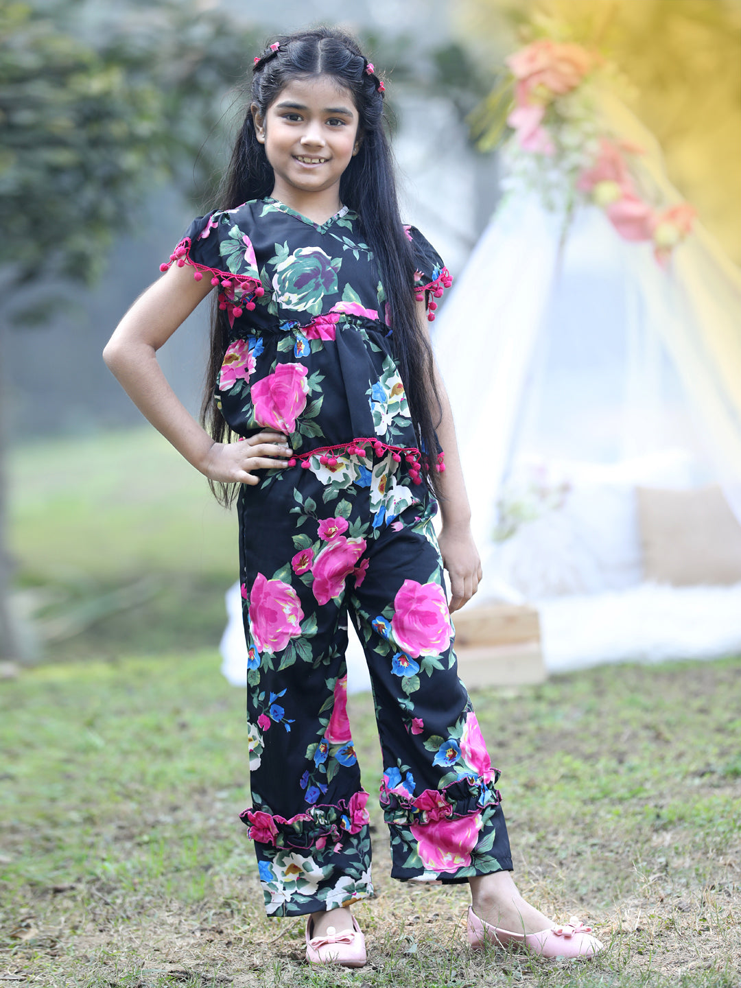 Cutiekins V-Neck Printed Regular Top & Trousers Set -Black & Pink