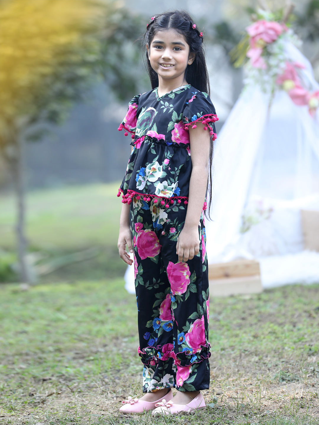 Cutiekins V-Neck Printed Regular Top & Trousers Set -Black & Pink