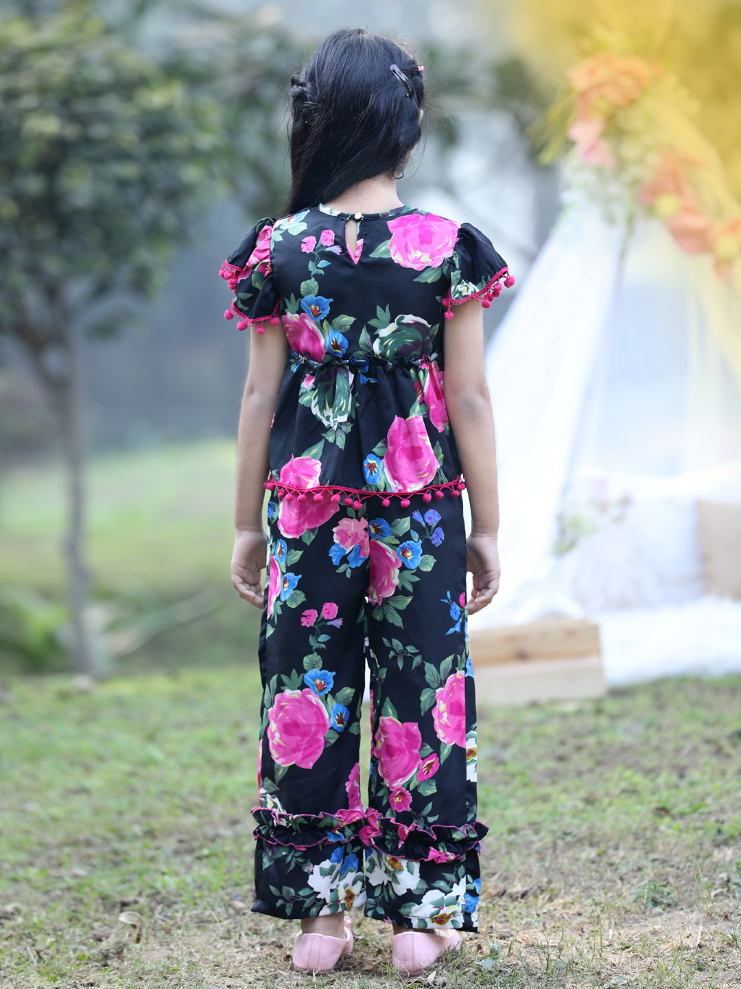 Cutiekins V-Neck Printed Regular Top & Trousers Set -Black & Pink