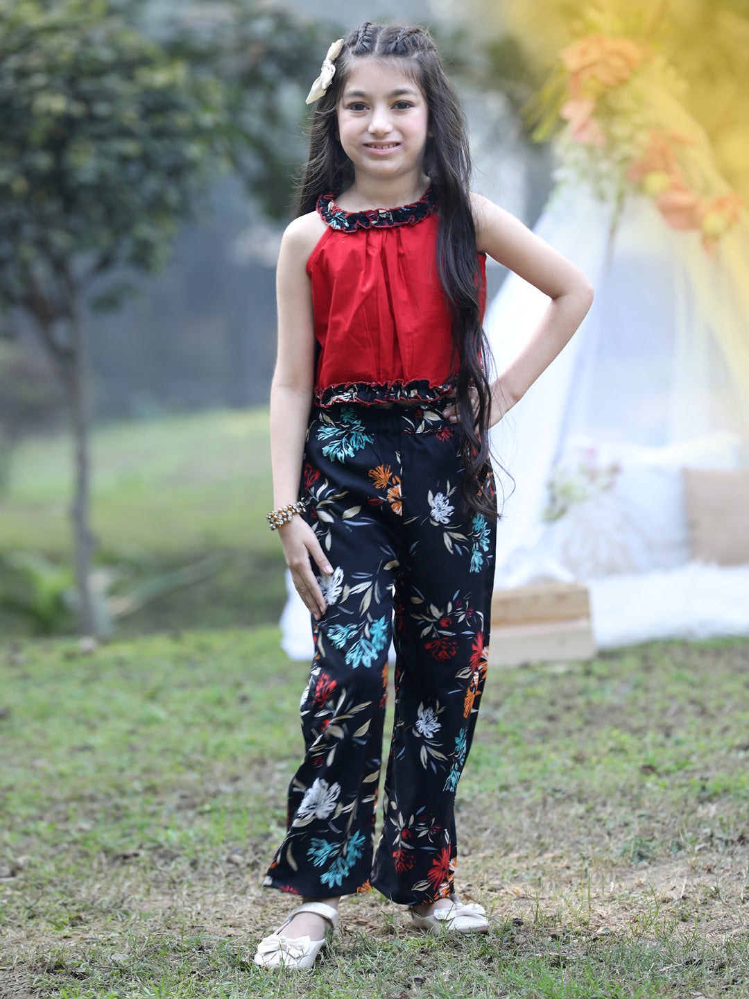 Cutiekins Halter Neck Printed Crop Top & Trousers Set -Red & Black