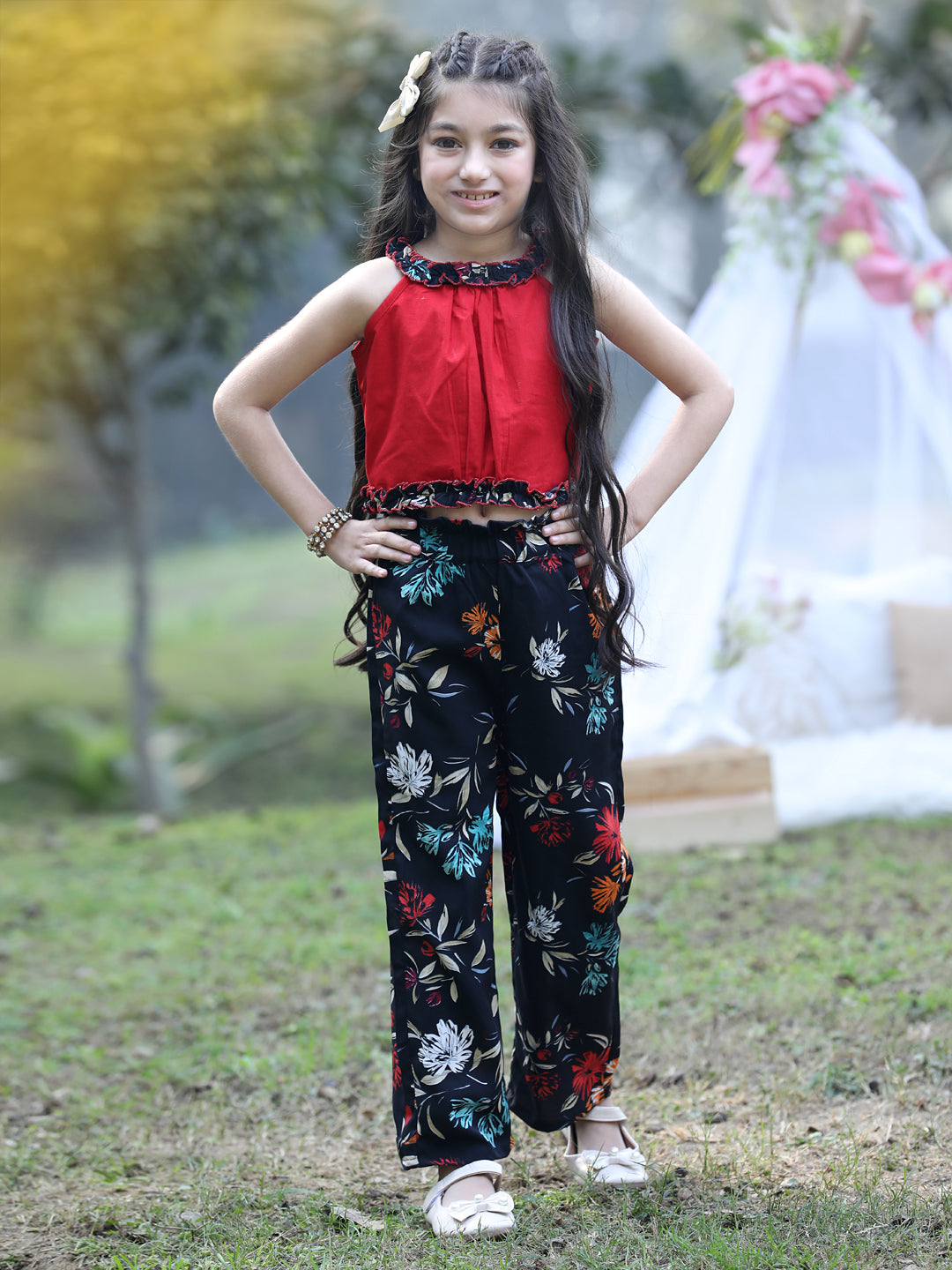 Cutiekins Halter Neck Printed Crop Top & Trousers Set -Red & Black