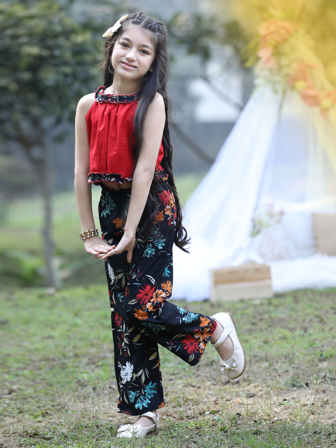 Cutiekins Halter Neck Printed Crop Top & Trousers Set -Red & Black