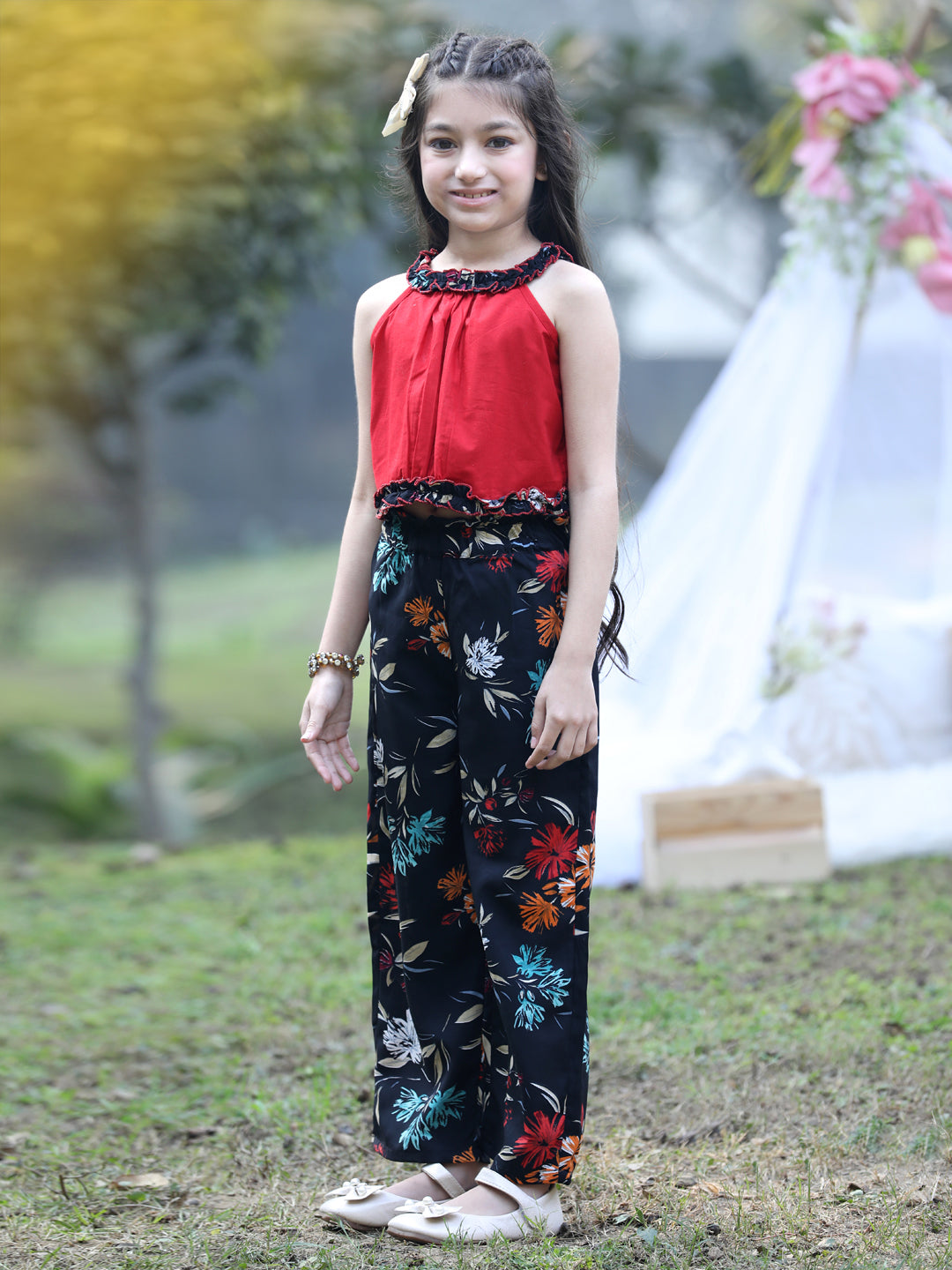 Cutiekins Halter Neck Printed Crop Top & Trousers Set -Red & Black