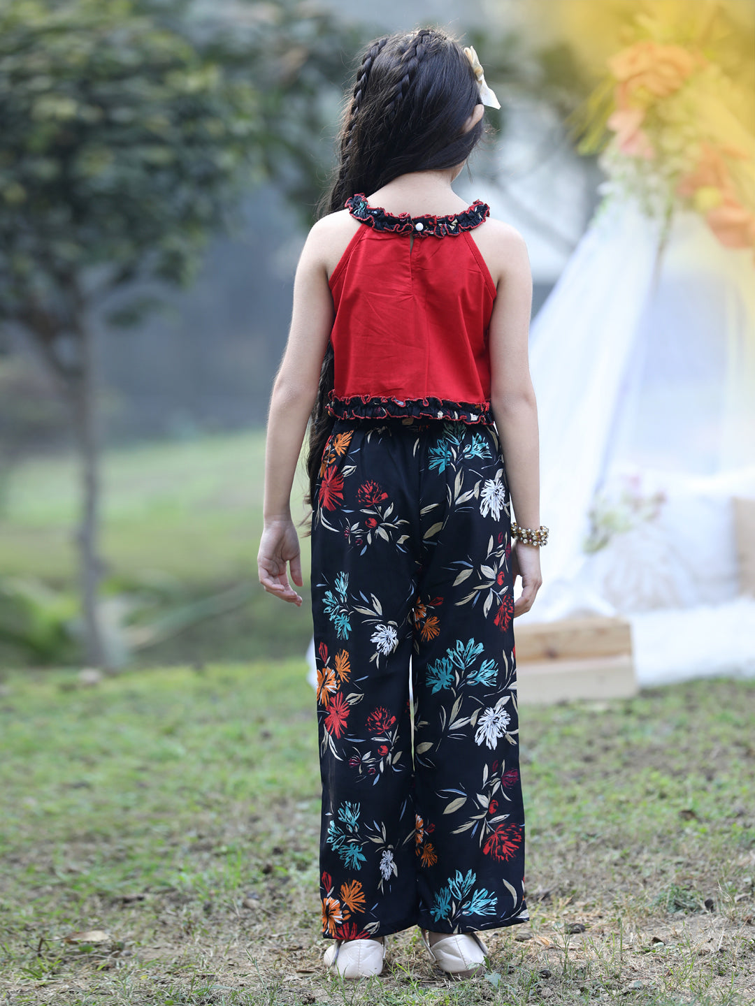 Cutiekins Halter Neck Printed Crop Top & Trousers Set -Red & Black