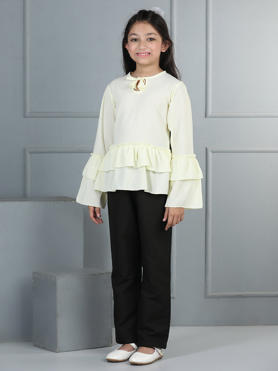 Cutiekins Girls Solid Tie-up Top With Solid Trouser -Vanilla & Black