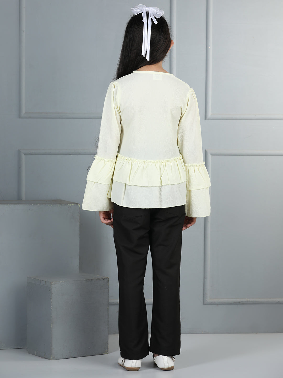 Cutiekins Girls Solid Tie-up Top With Solid Trouser -Vanilla & Black