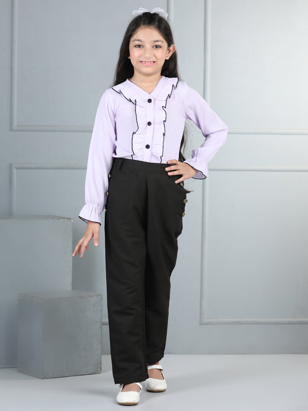 Cutiekins Girls Shirt Style Embellished Top With Solid Trouser -Lavender & Black