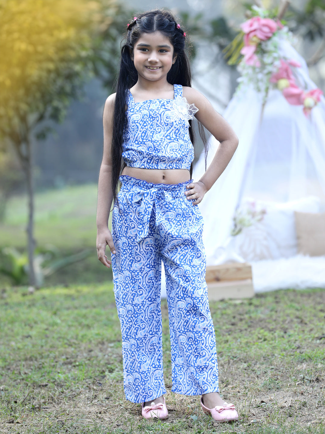 Cutiekins Shoulder Straps Printed Crop Top & Trousers Set -Blue & White