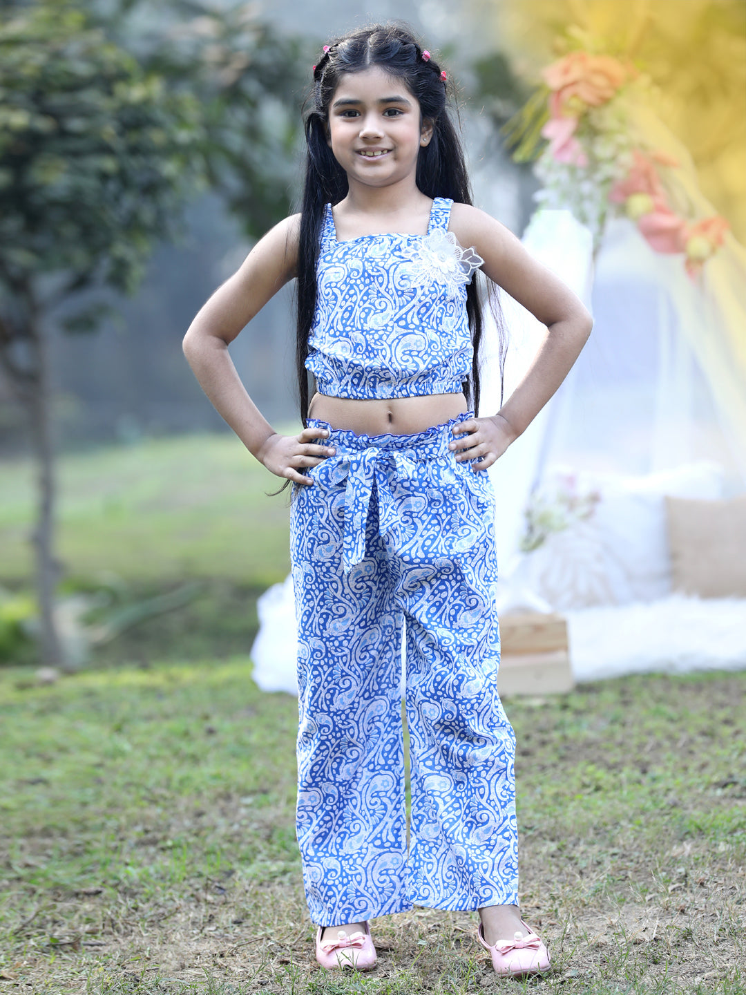 Cutiekins Shoulder Straps Printed Crop Top & Trousers Set -Blue & White