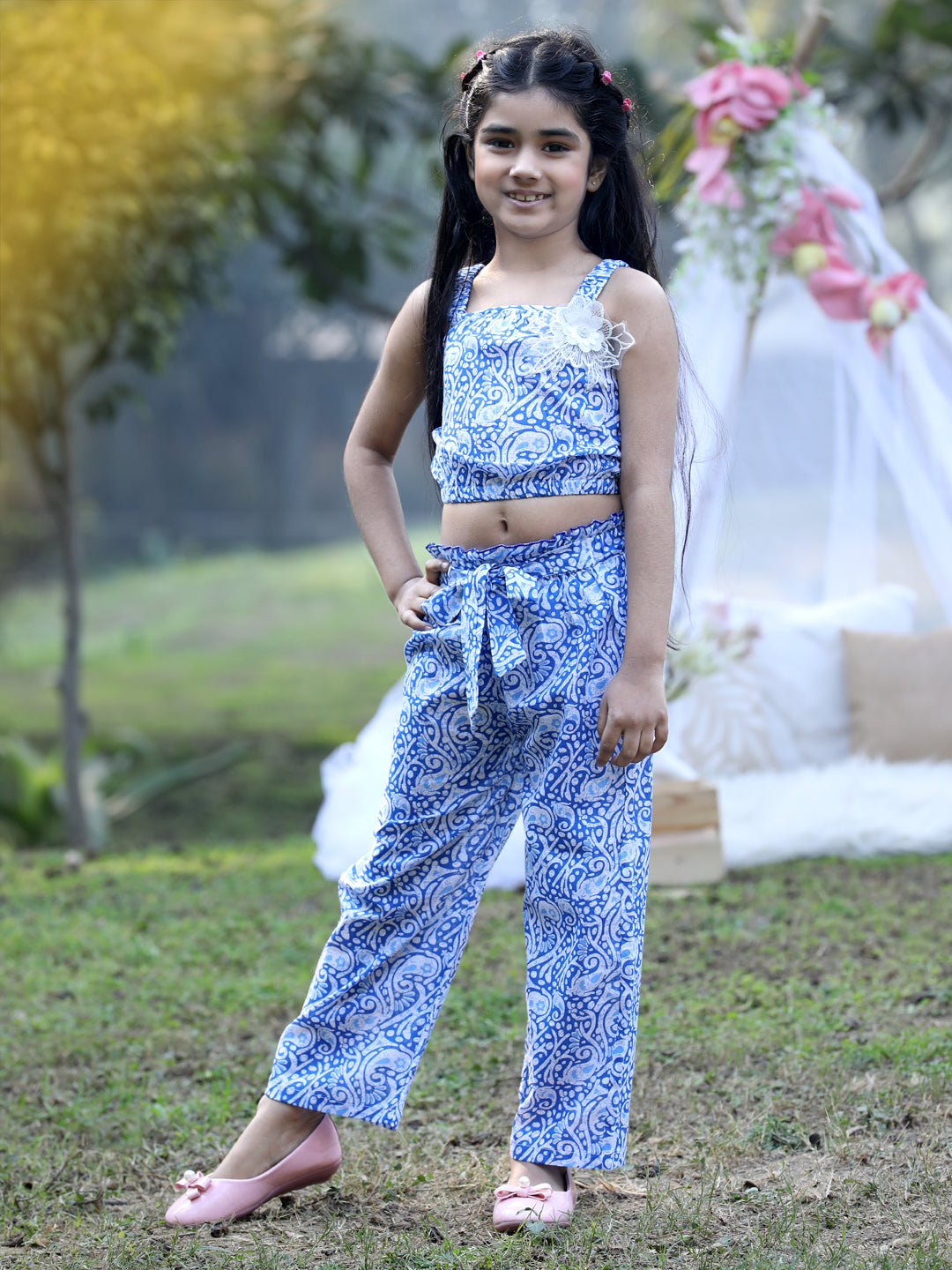 Cutiekins Shoulder Straps Printed Crop Top & Trousers Set -Blue & White