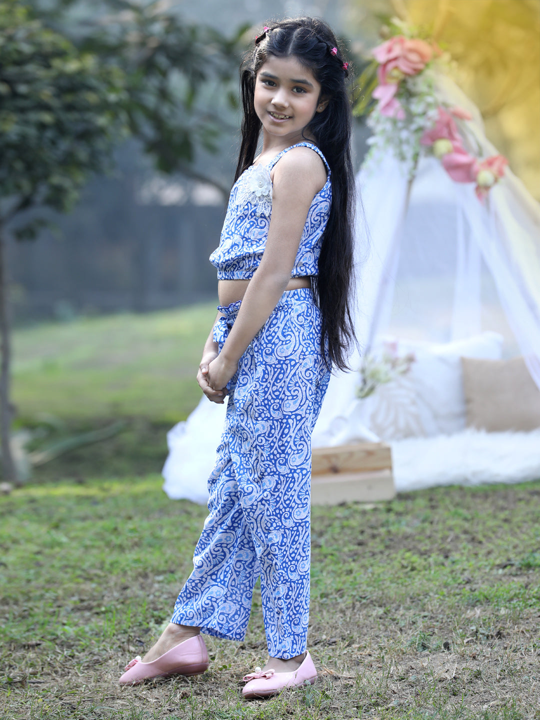 Cutiekins Shoulder Straps Printed Crop Top & Trousers Set -Blue & White