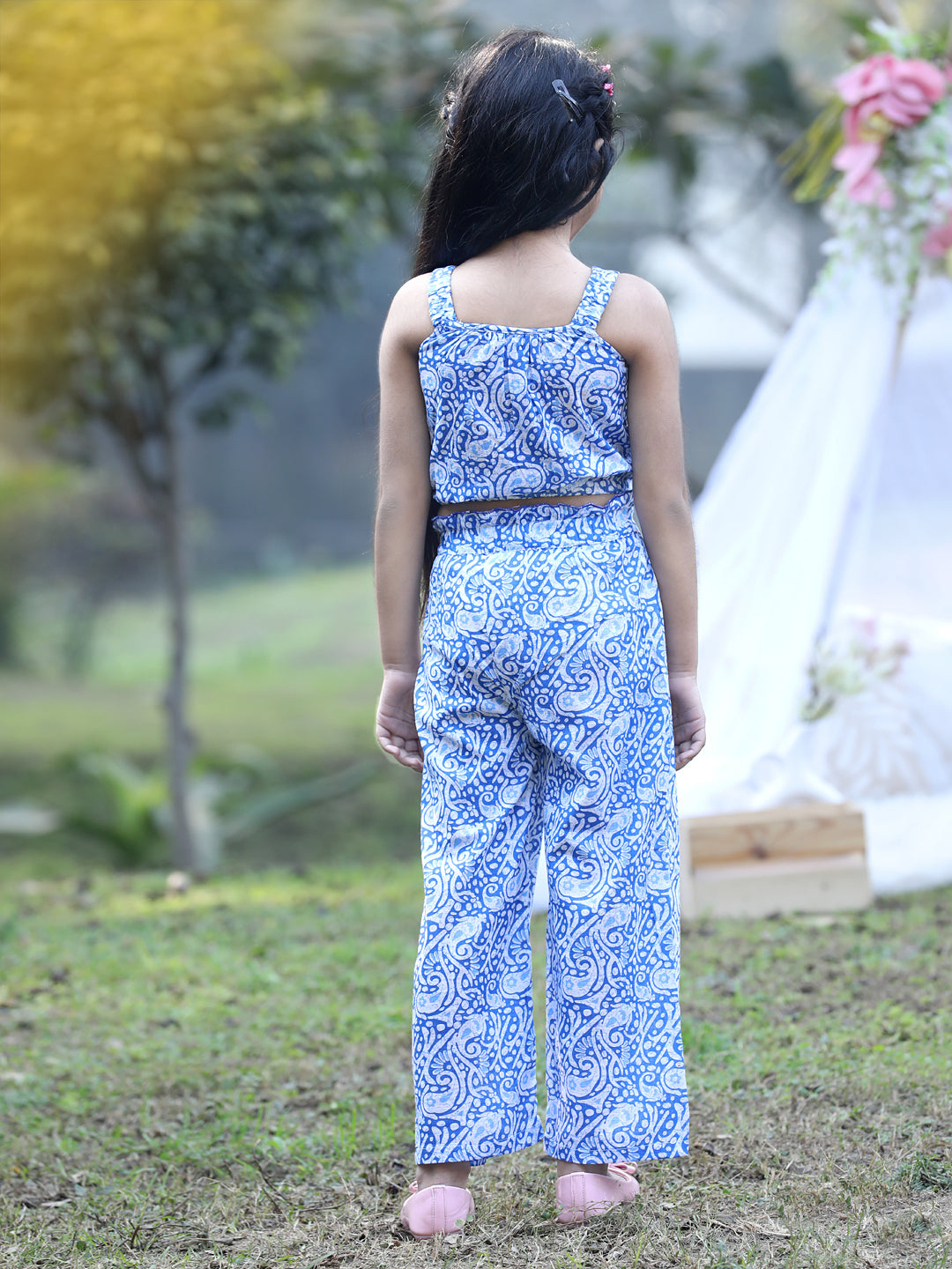 Cutiekins Shoulder Straps Printed Crop Top & Trousers Set -Blue & White