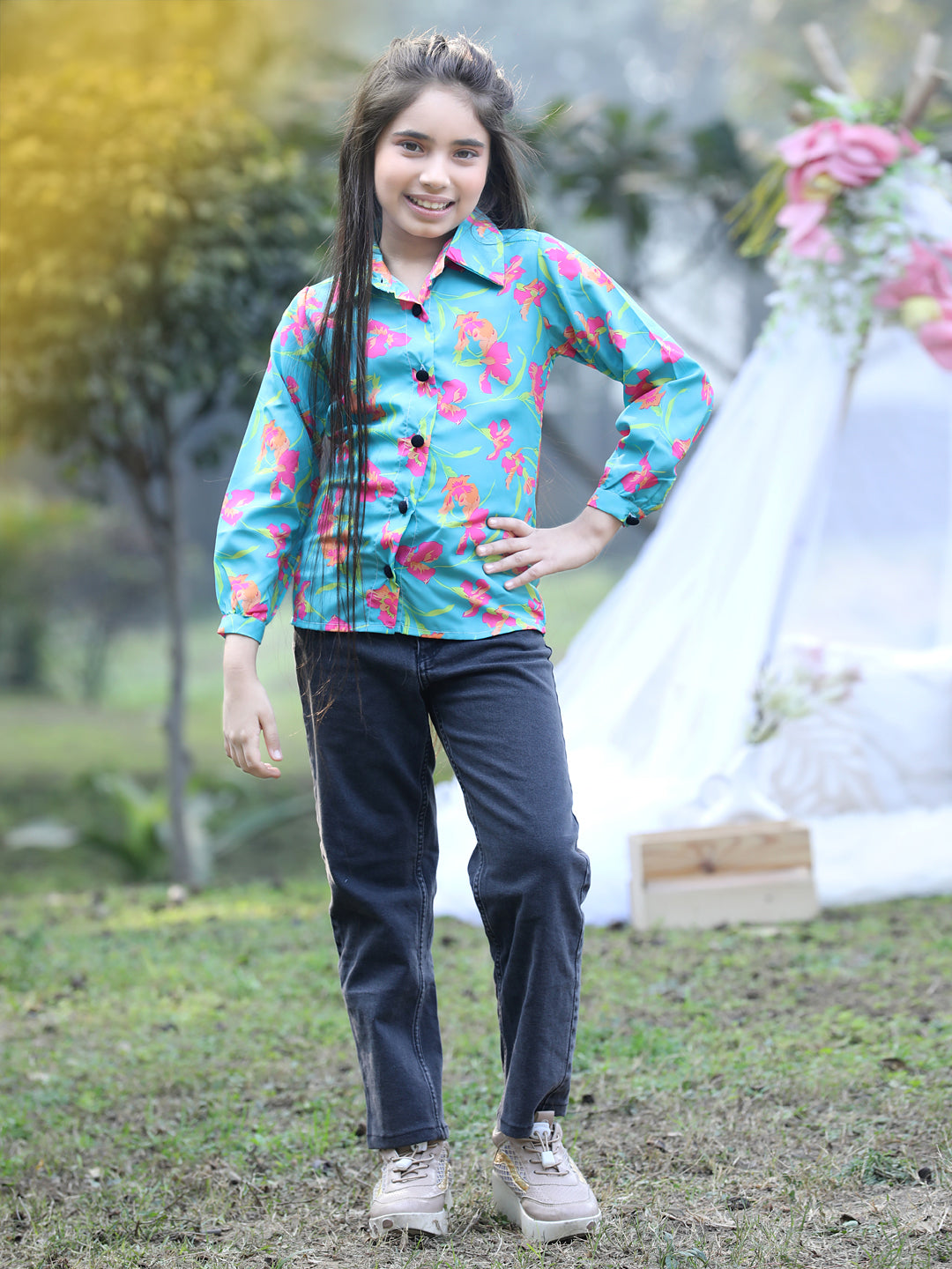 Cutiekins Collar Neck Foral Printed Regular Top-Sea Green & Pink