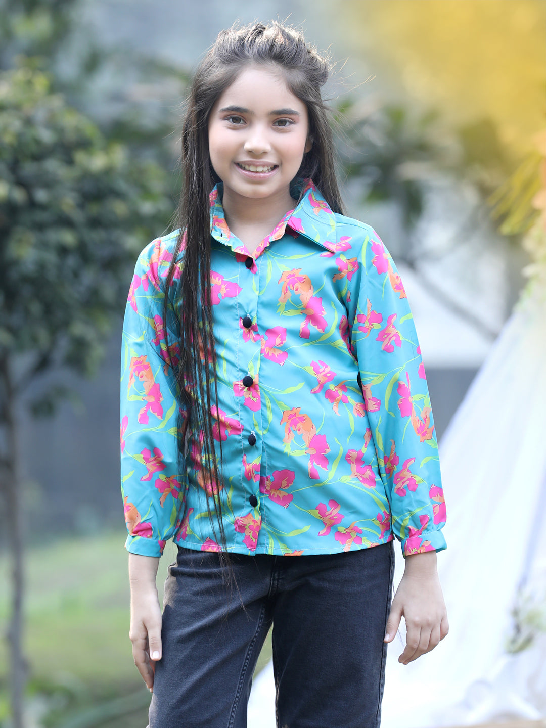 Cutiekins Collar Neck Foral Printed Regular Top-Sea Green & Pink