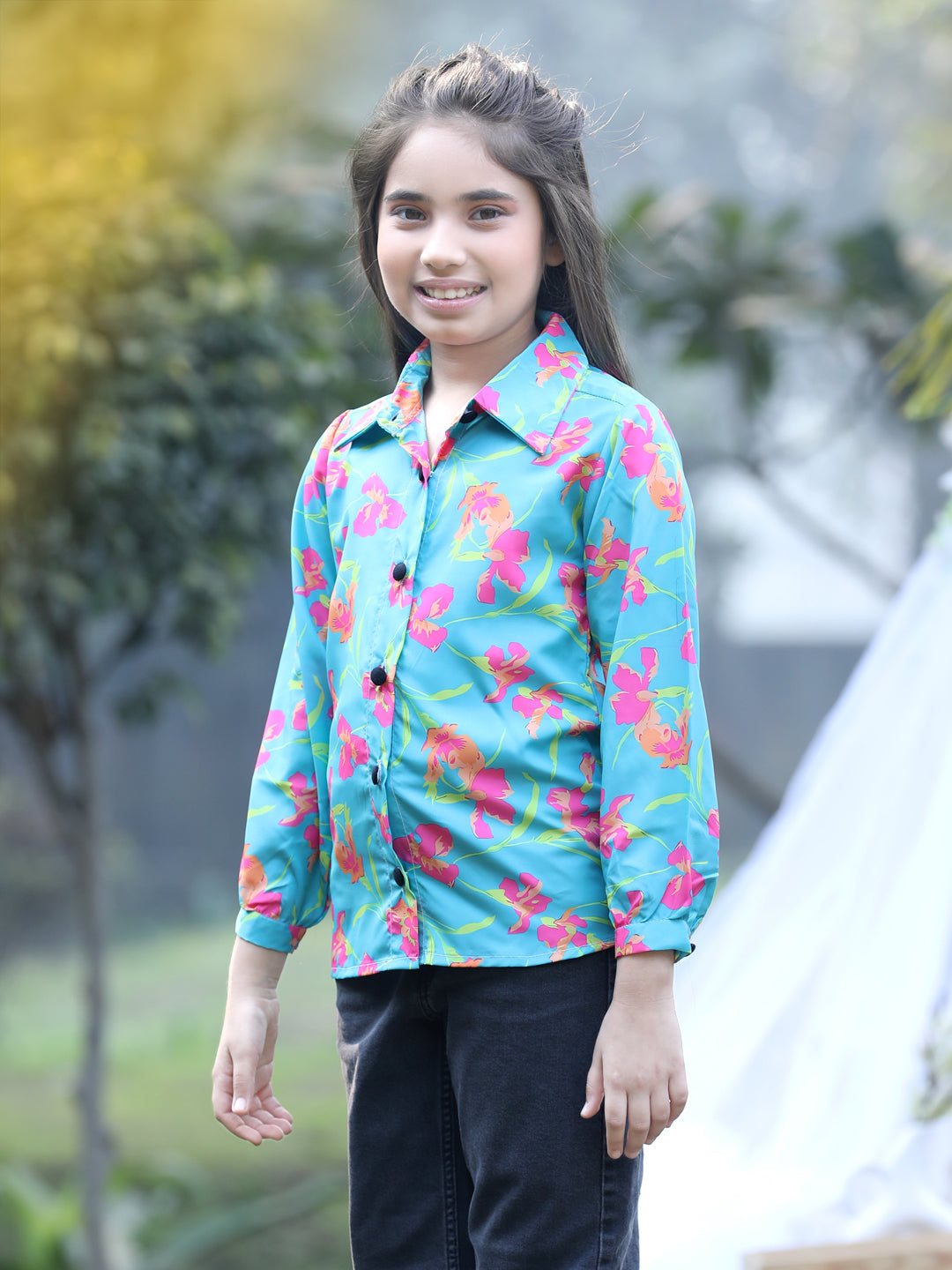 Cutiekins Collar Neck Foral Printed Regular Top-Sea Green & Pink