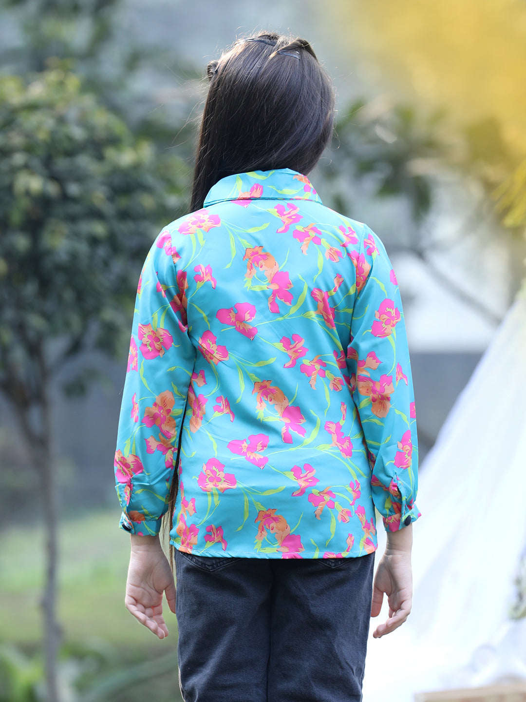 Cutiekins Collar Neck Foral Printed Regular Top-Sea Green & Pink