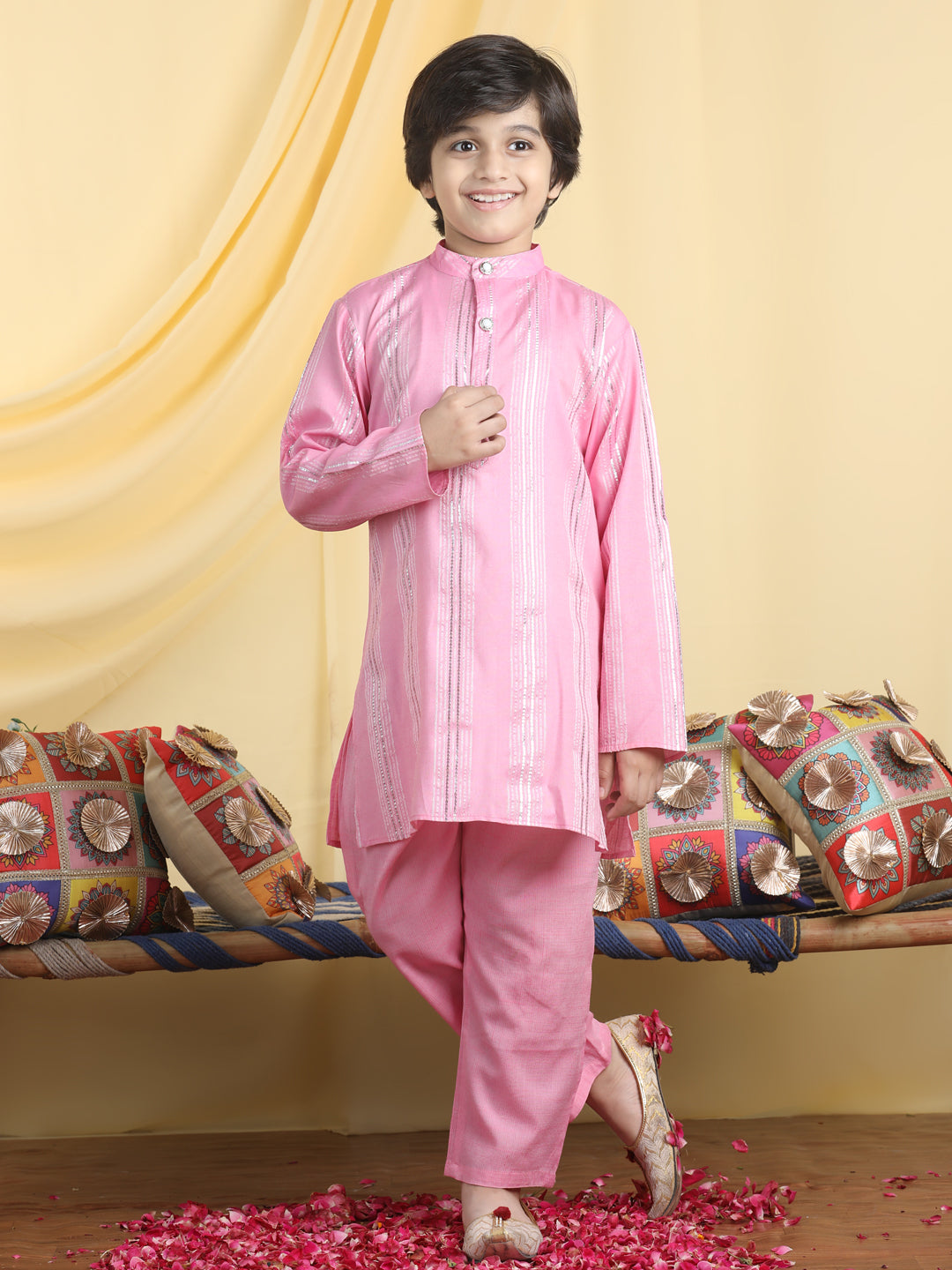 Cutiekins Boys Self Design Mandarian Collar Kurta & Pyjama Set -Pink & Silver