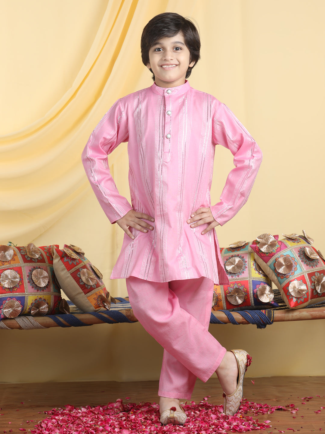 Cutiekins Boys Self Design Mandarian Collar Kurta & Pyjama Set -Pink & Silver