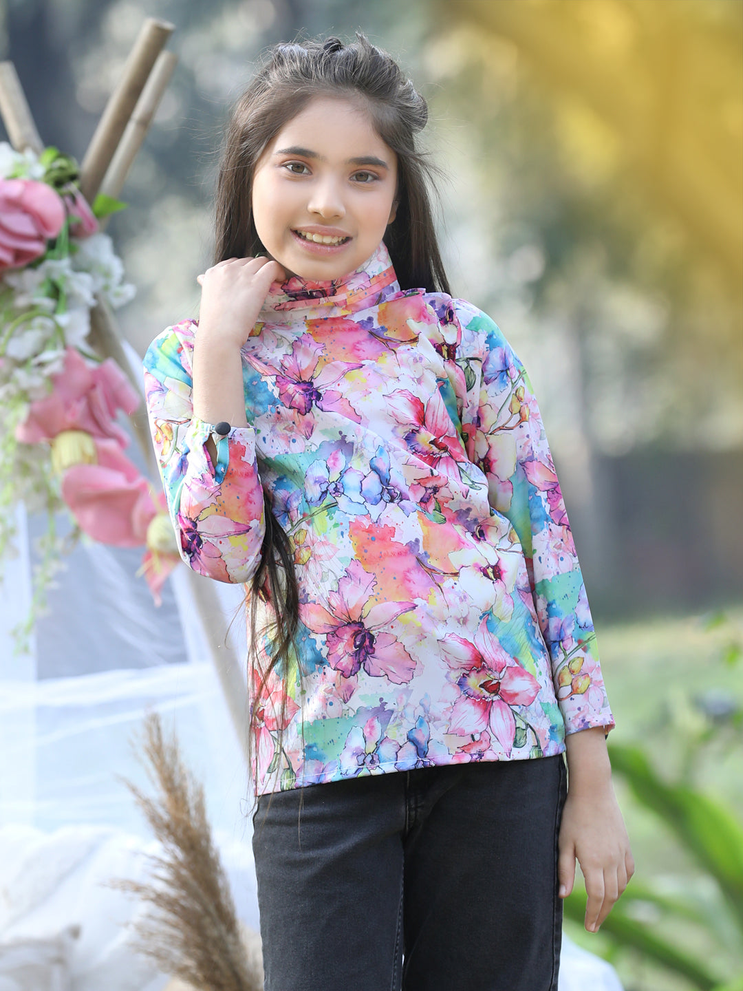 Cutiekins Mandarin Collar Foral Printed Regular Top -White & Pink