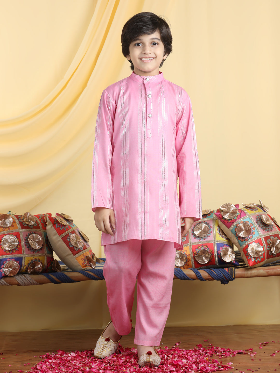 Cutiekins Boys Self Design Mandarian Collar Kurta & Pyjama Set -Pink & Silver