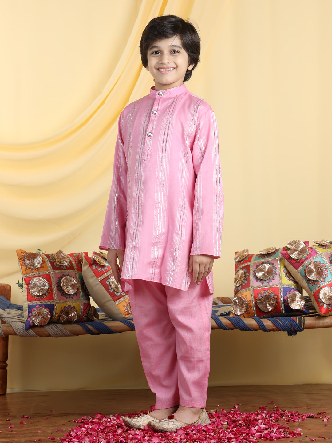 Cutiekins Boys Self Design Mandarian Collar Kurta & Pyjama Set -Pink & Silver
