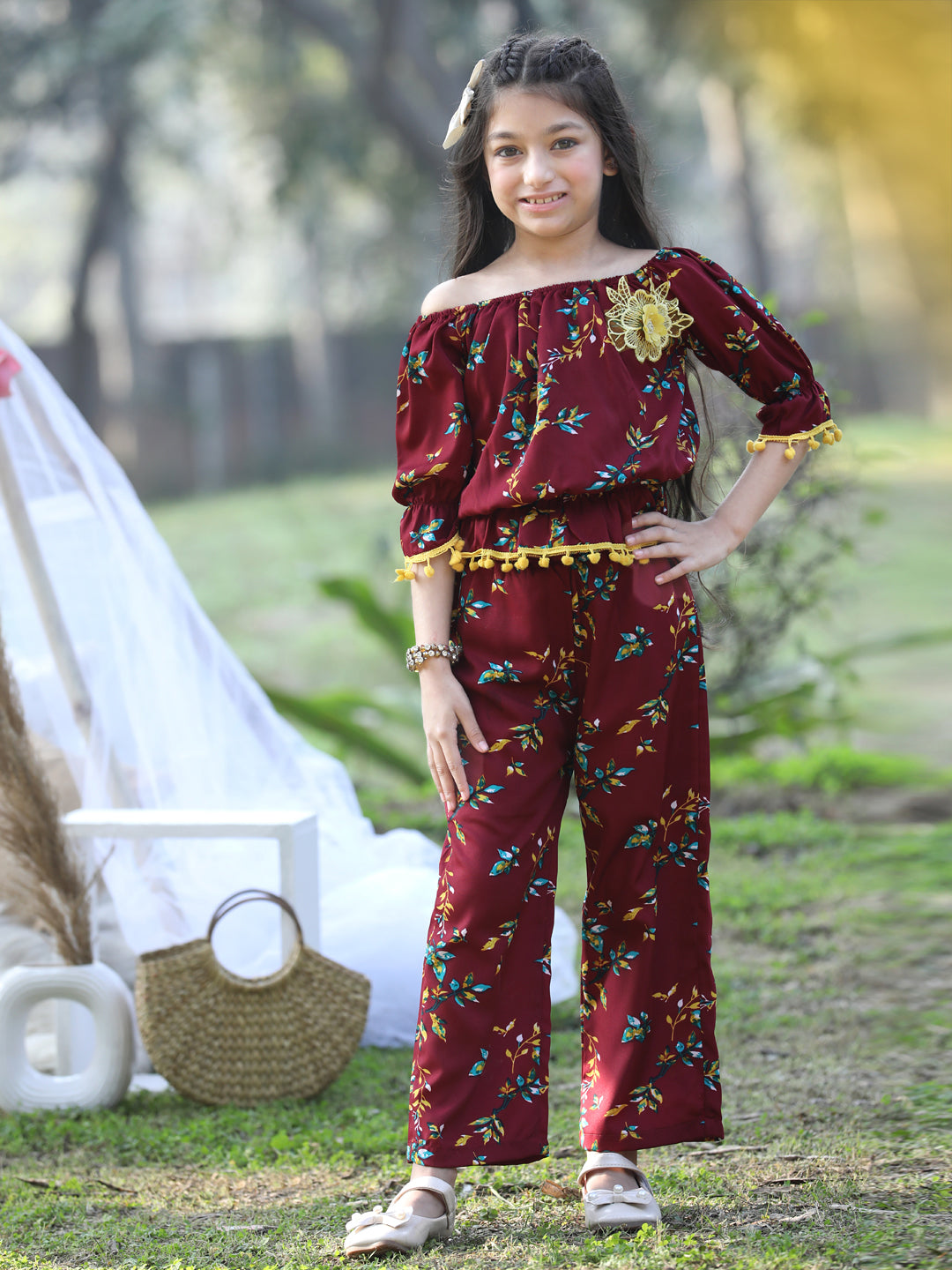 Cutiekins Off-Shoulder Printed Crop Top & Trousers Set -Maroon & Yellow