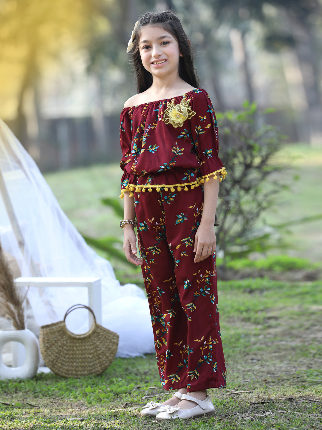 Cutiekins Off-Shoulder Printed Crop Top & Trousers Set -Maroon & Yellow