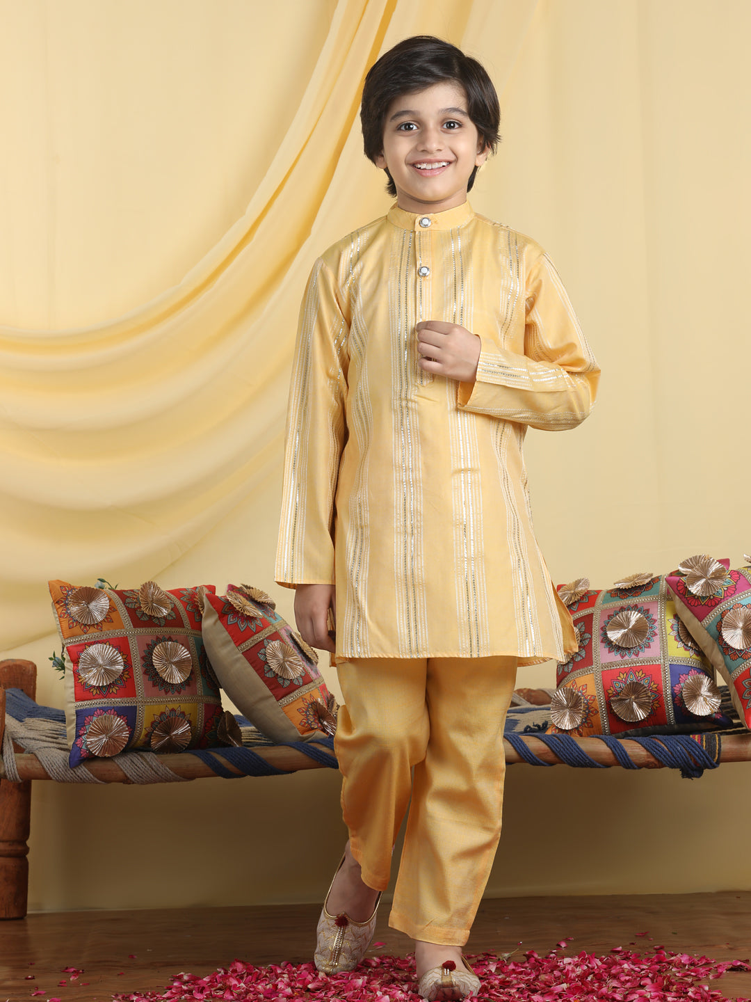 Cutiekins Boys Self Design Mandarian Collar Kurta & Pajama Set -Mustard & Silver