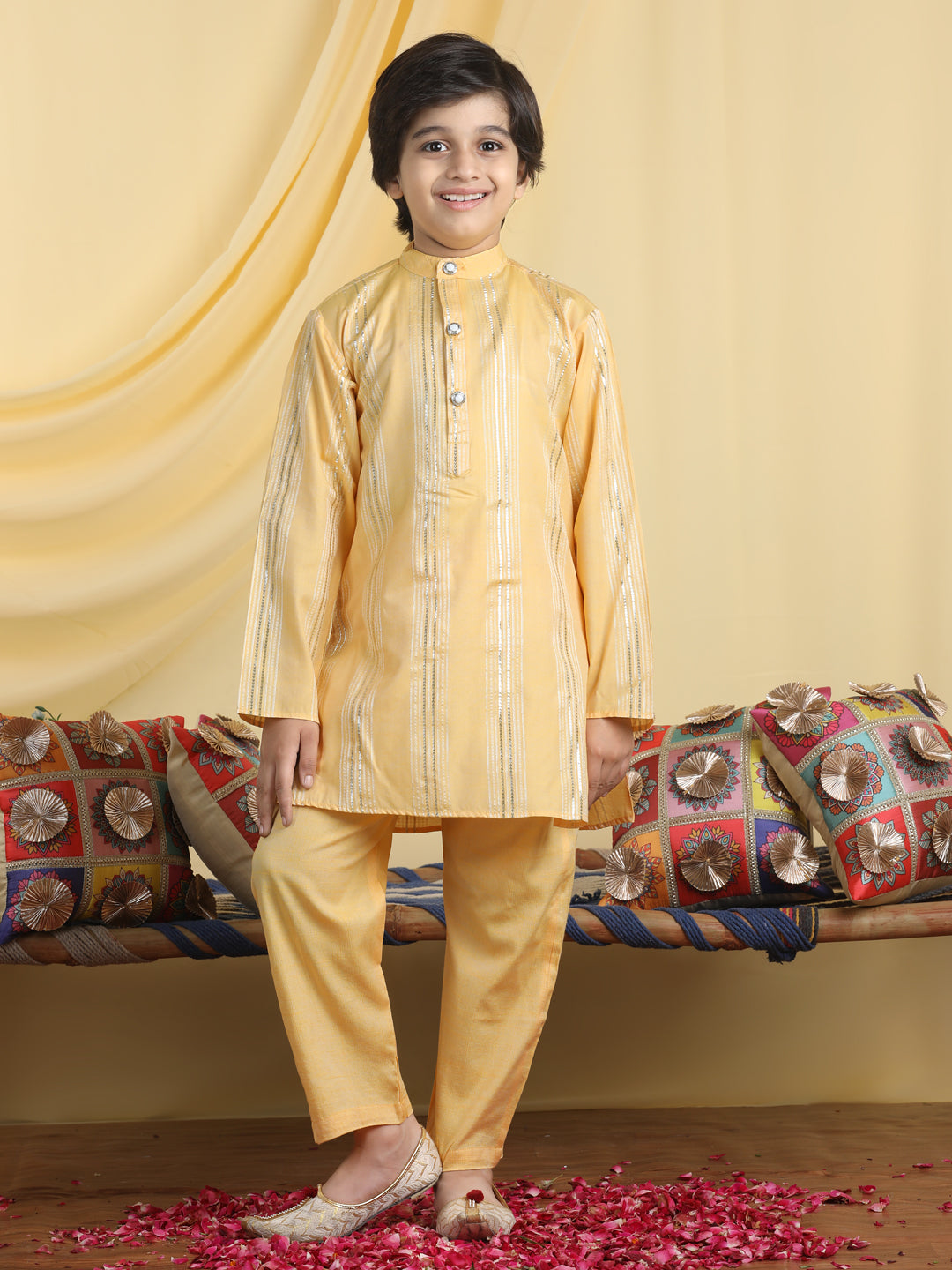 Cutiekins Boys Self Design Mandarian Collar Kurta & Pajama Set -Mustard & Silver