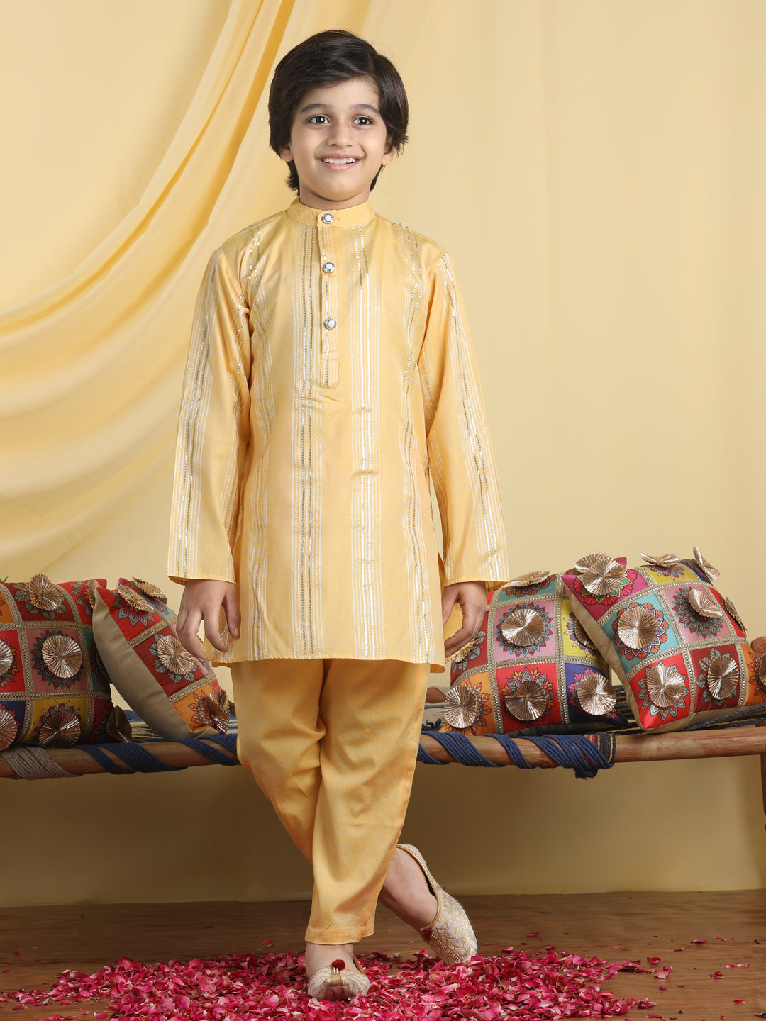 Cutiekins Boys Self Design Mandarian Collar Kurta & Pajama Set -Mustard & Silver