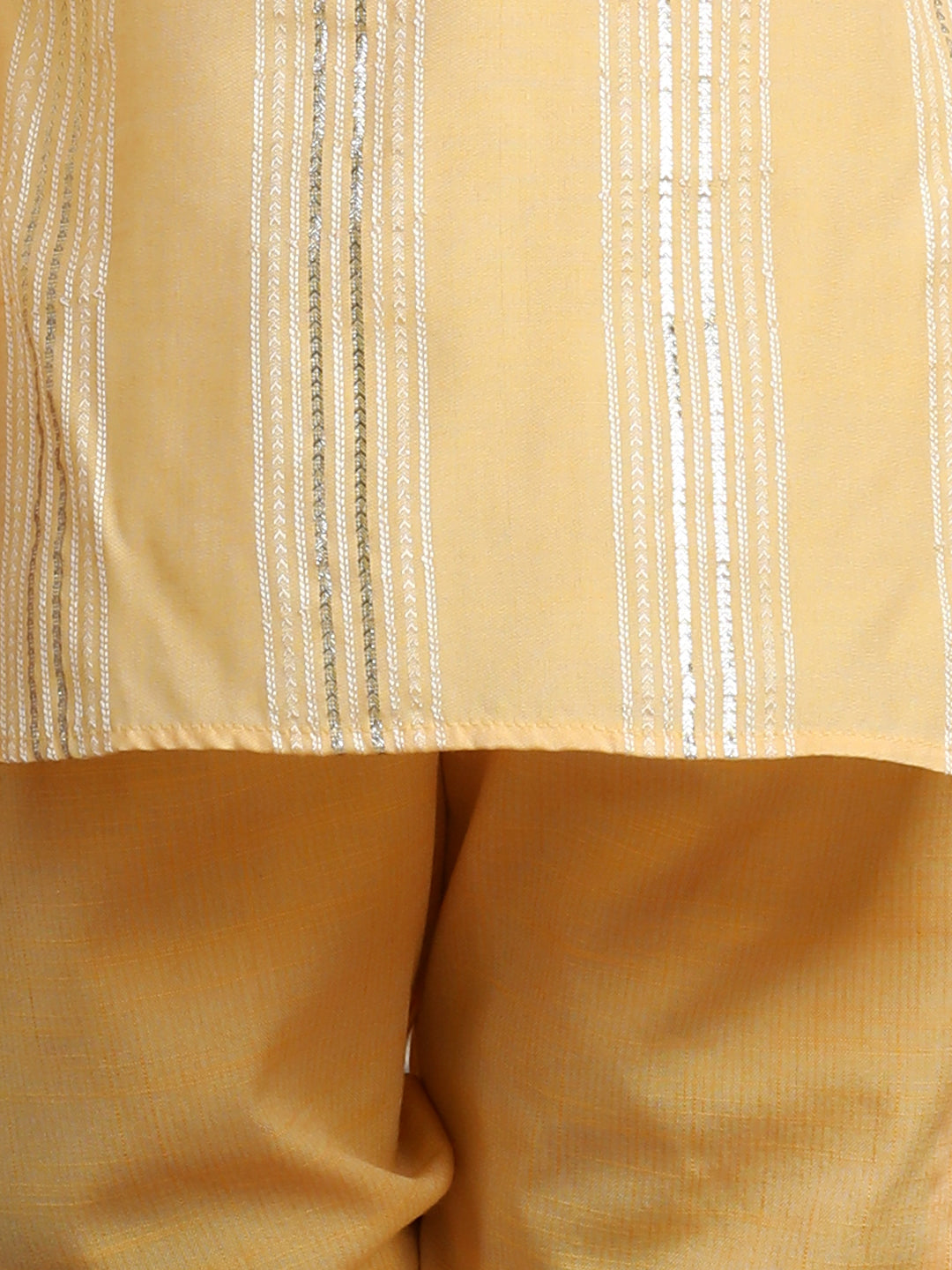 Cutiekins Boys Self Design Mandarian Collar Kurta & Pajama Set -Mustard & Silver