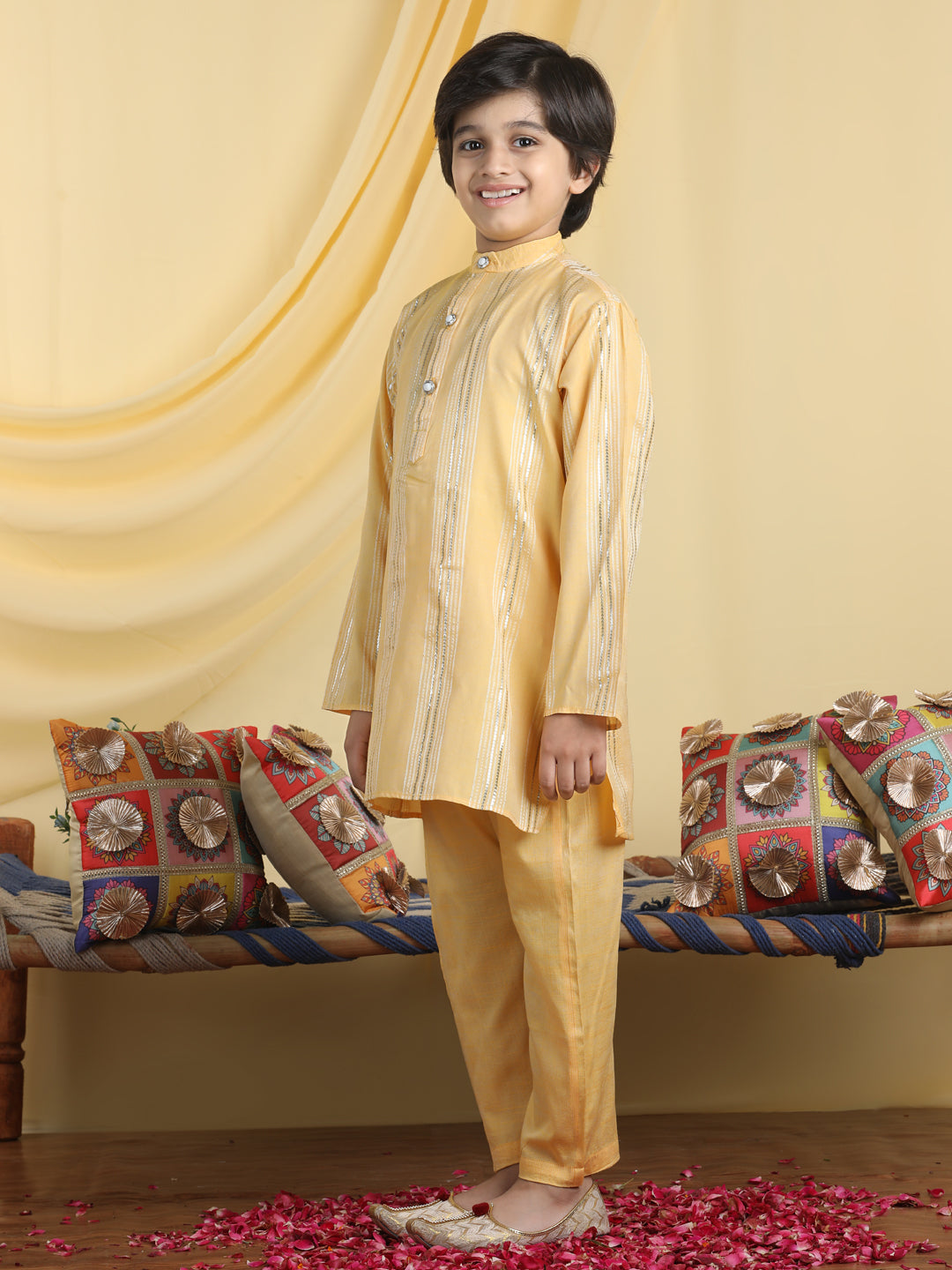 Cutiekins Boys Self Design Mandarian Collar Kurta & Pajama Set -Mustard & Silver