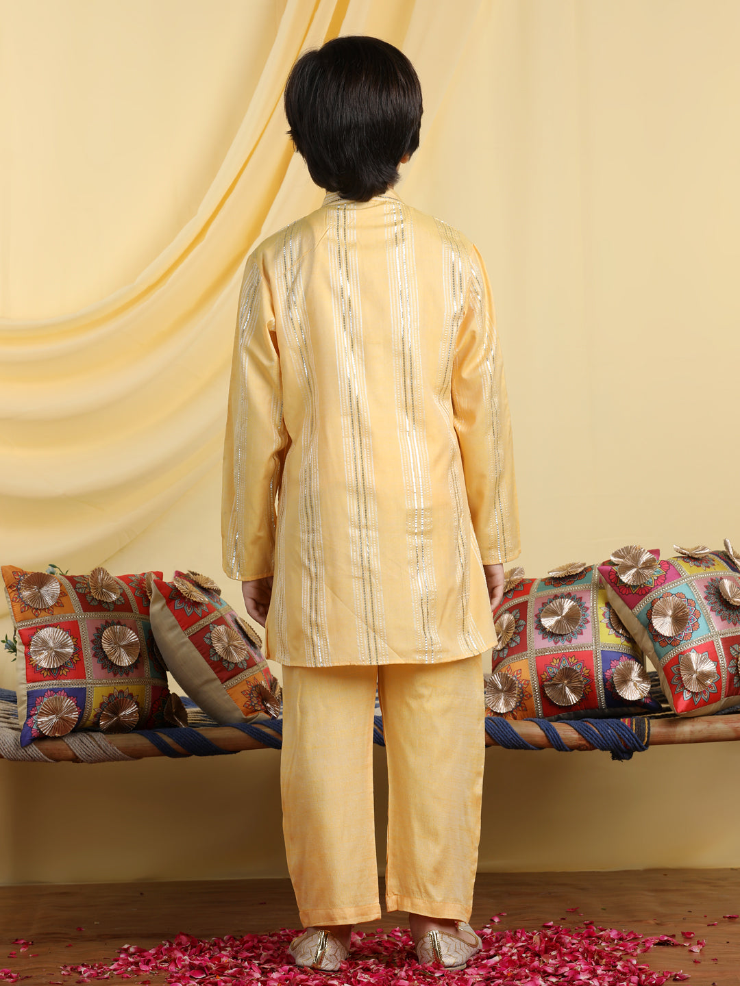 Cutiekins Boys Self Design Mandarian Collar Kurta & Pajama Set -Mustard & Silver
