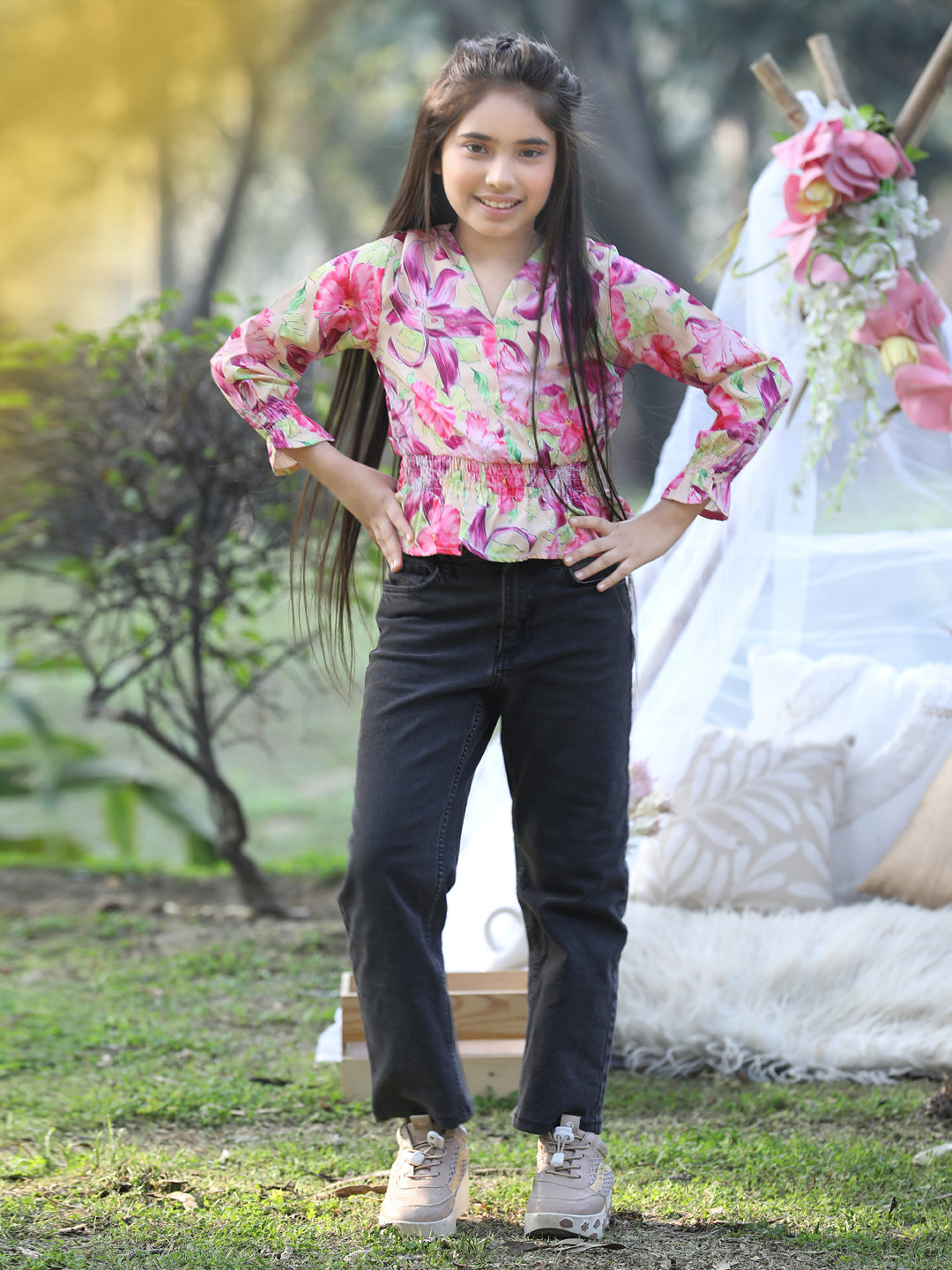 Cutiekins V Neck Foral Printed Crop Top-Yellow & Pink