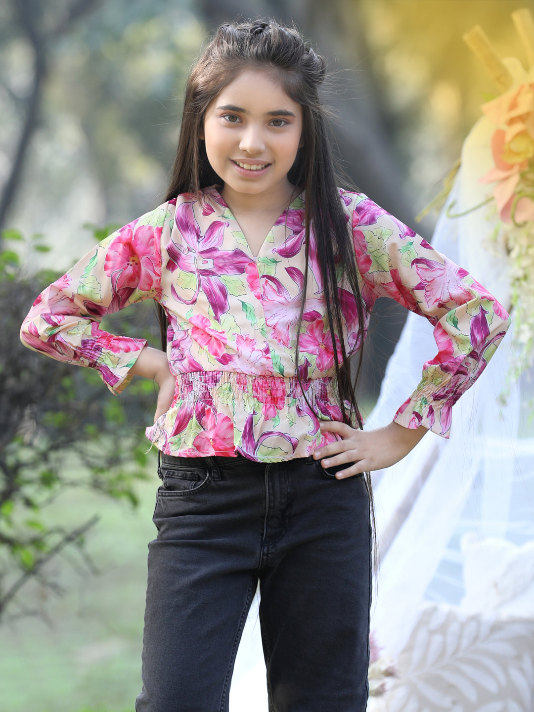 Cutiekins V Neck Foral Printed Crop Top-Yellow & Pink