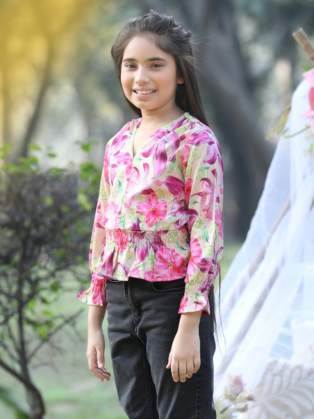 Cutiekins V Neck Foral Printed Crop Top-Yellow & Pink