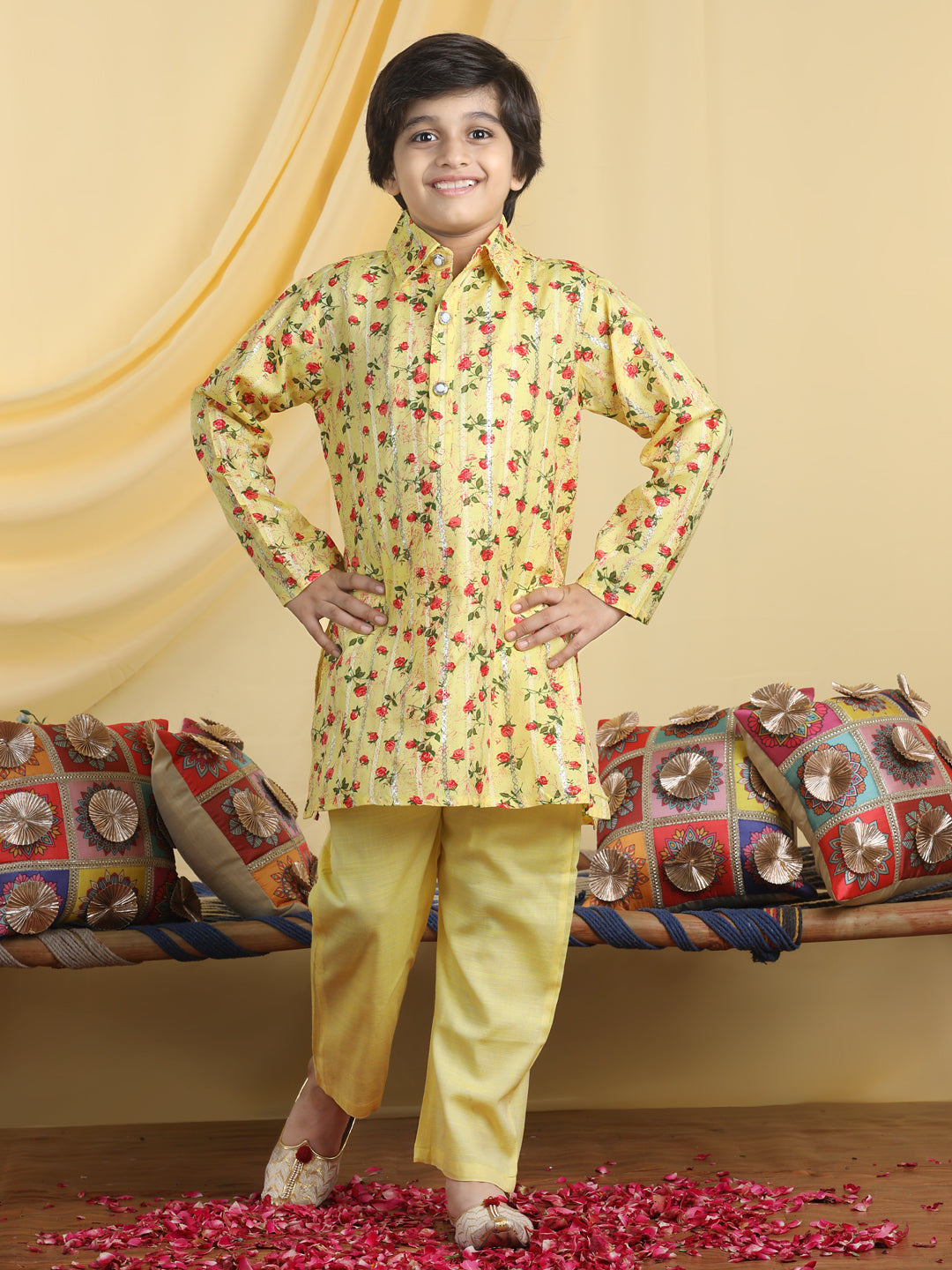 Cutiekins Boys Floral Print Shirt Collar Kurta & Pajama Set -Yellow & Red