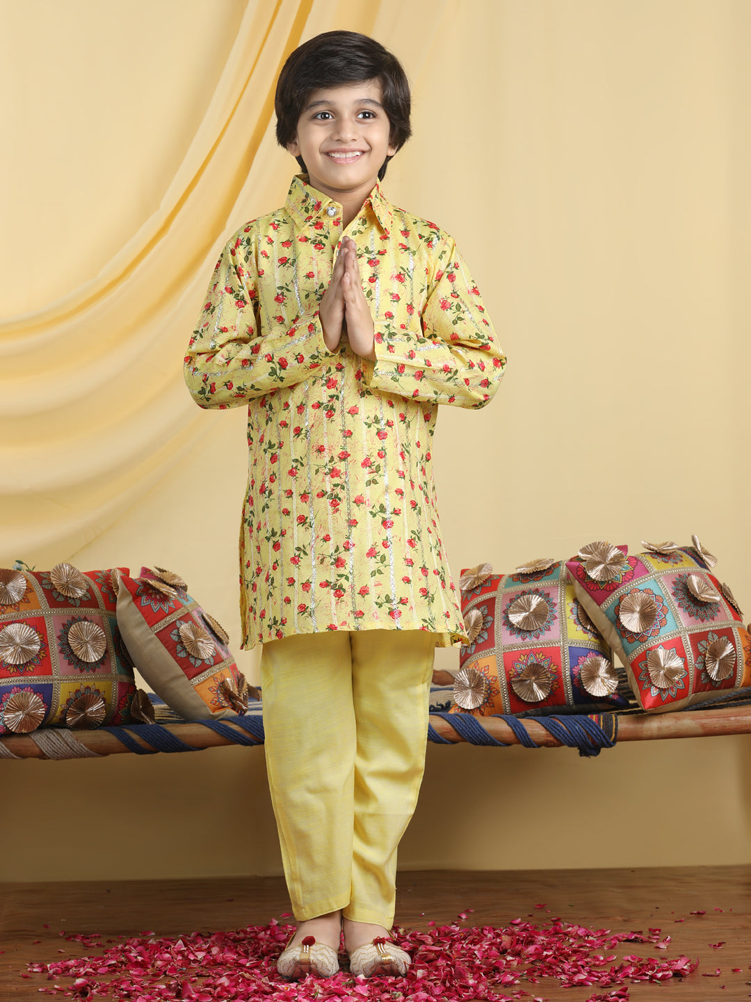 Cutiekins Boys Floral Print Shirt Collar Kurta & Pajama Set -Yellow & Red