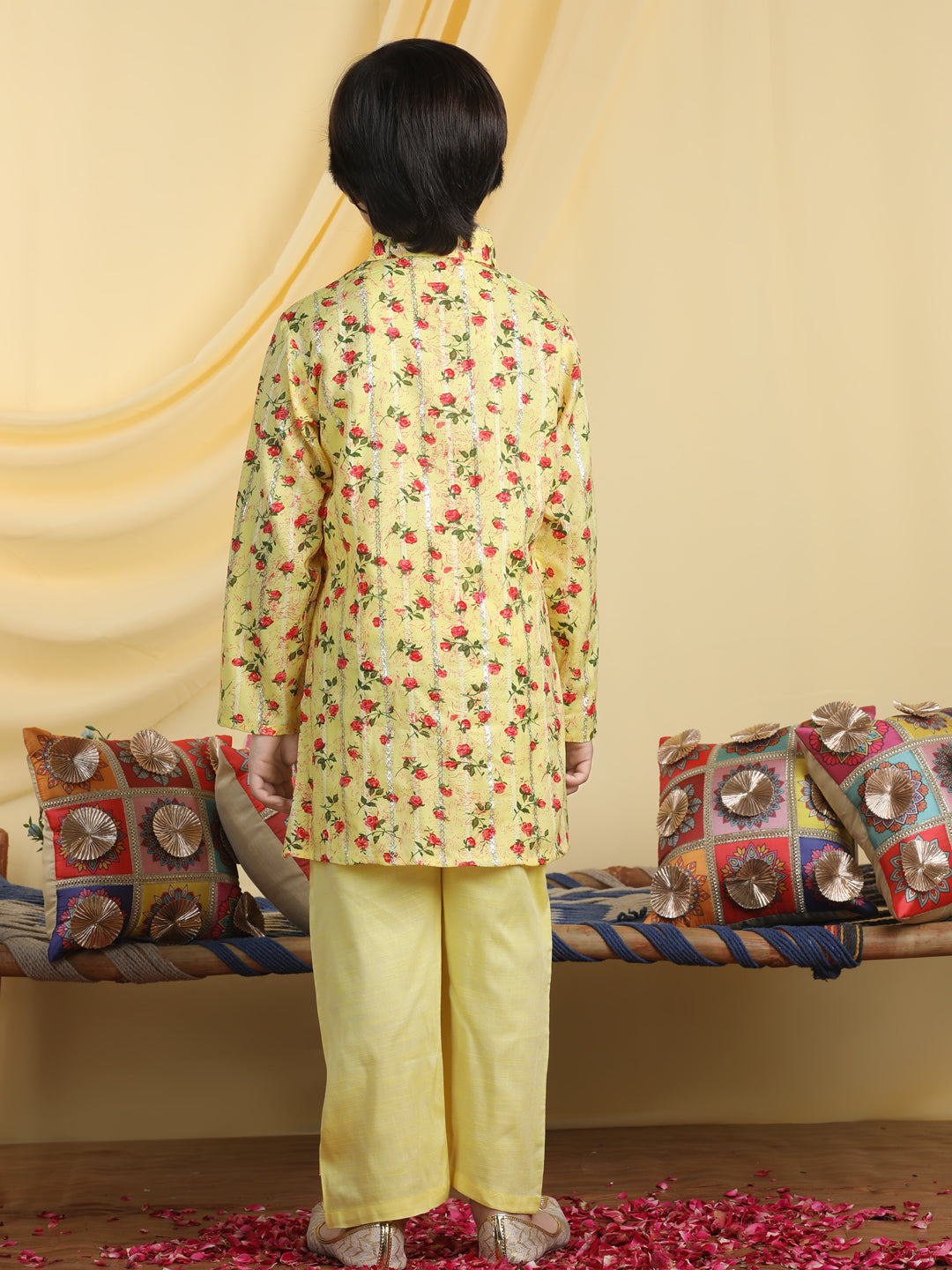 Cutiekins Boys Floral Print Shirt Collar Kurta & Pajama Set -Yellow & Red