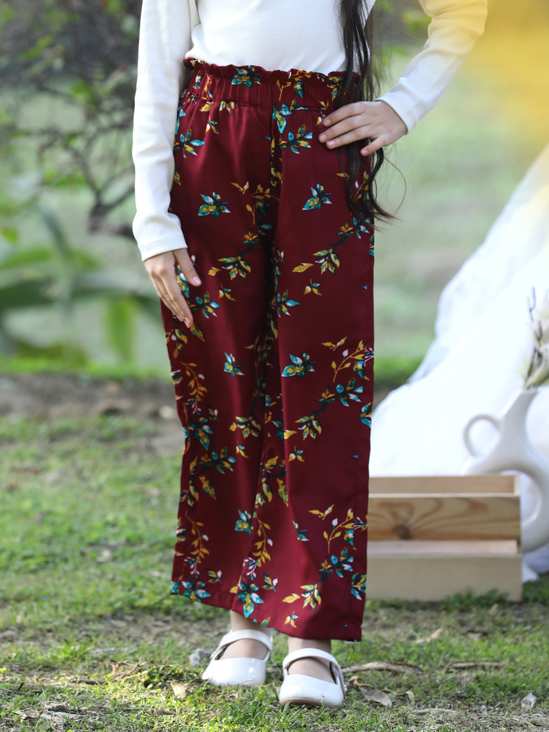 Cutiekins Printed Polyester Palazzos- Maroon & Yellow